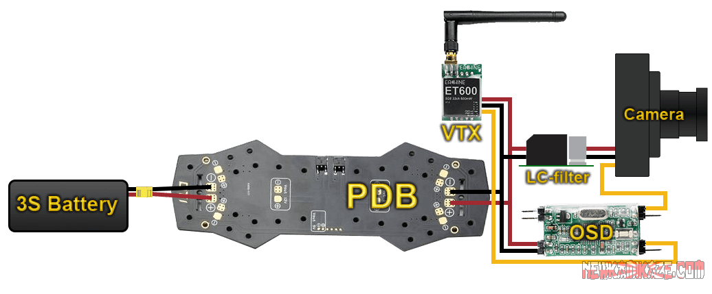 Схема проводки FPV-оборудования с питанием камеры от батареи через LC-фильтр