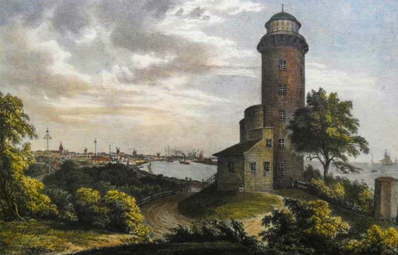 Клайпедский маяк рядом с пляжной виллой между Боммель Вите и Мелнраге и видом на гавань. 1838 — 1840 годы